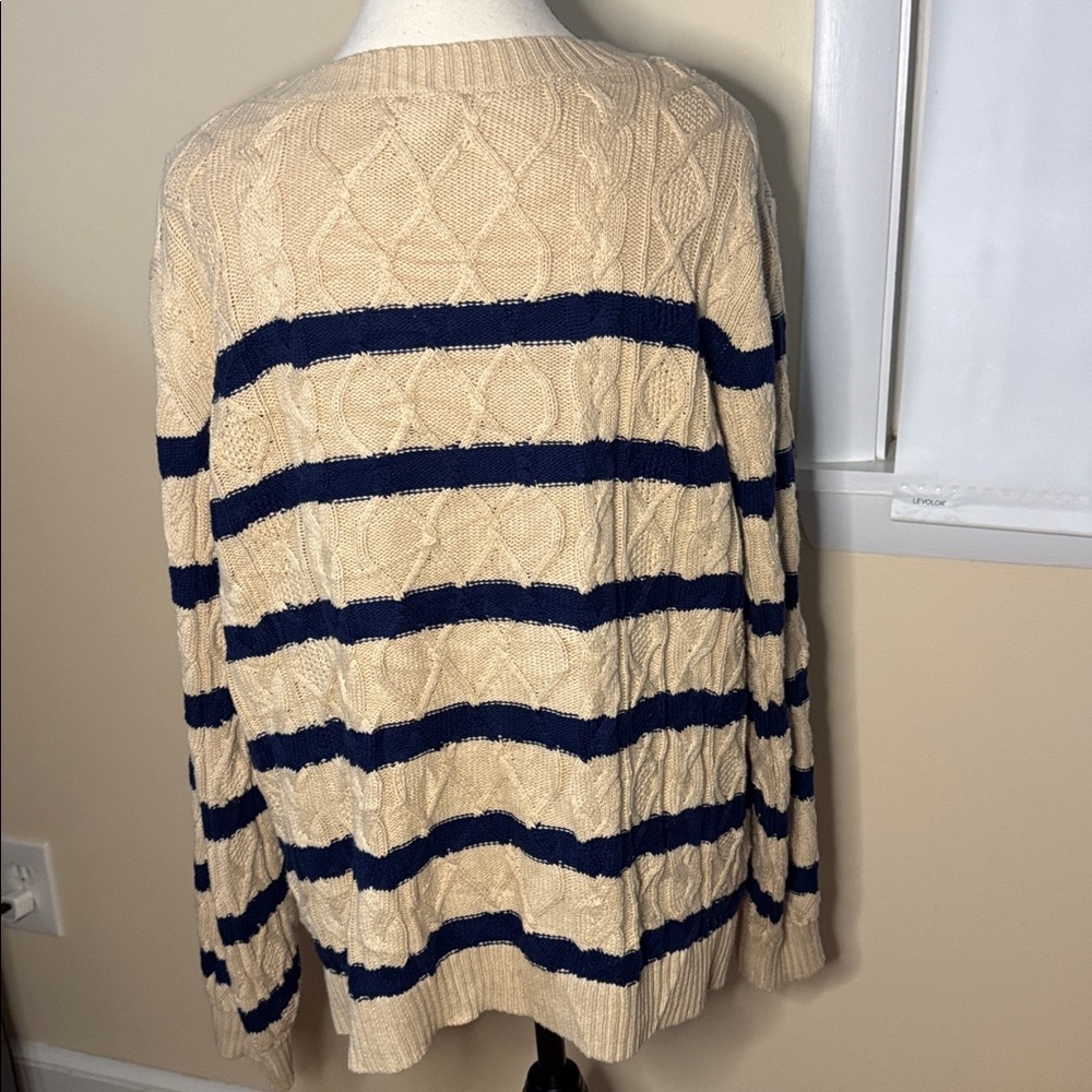 Lands end drifter cable knit tan/blue striped pull over sweater 1X - Picture 4 of 5
